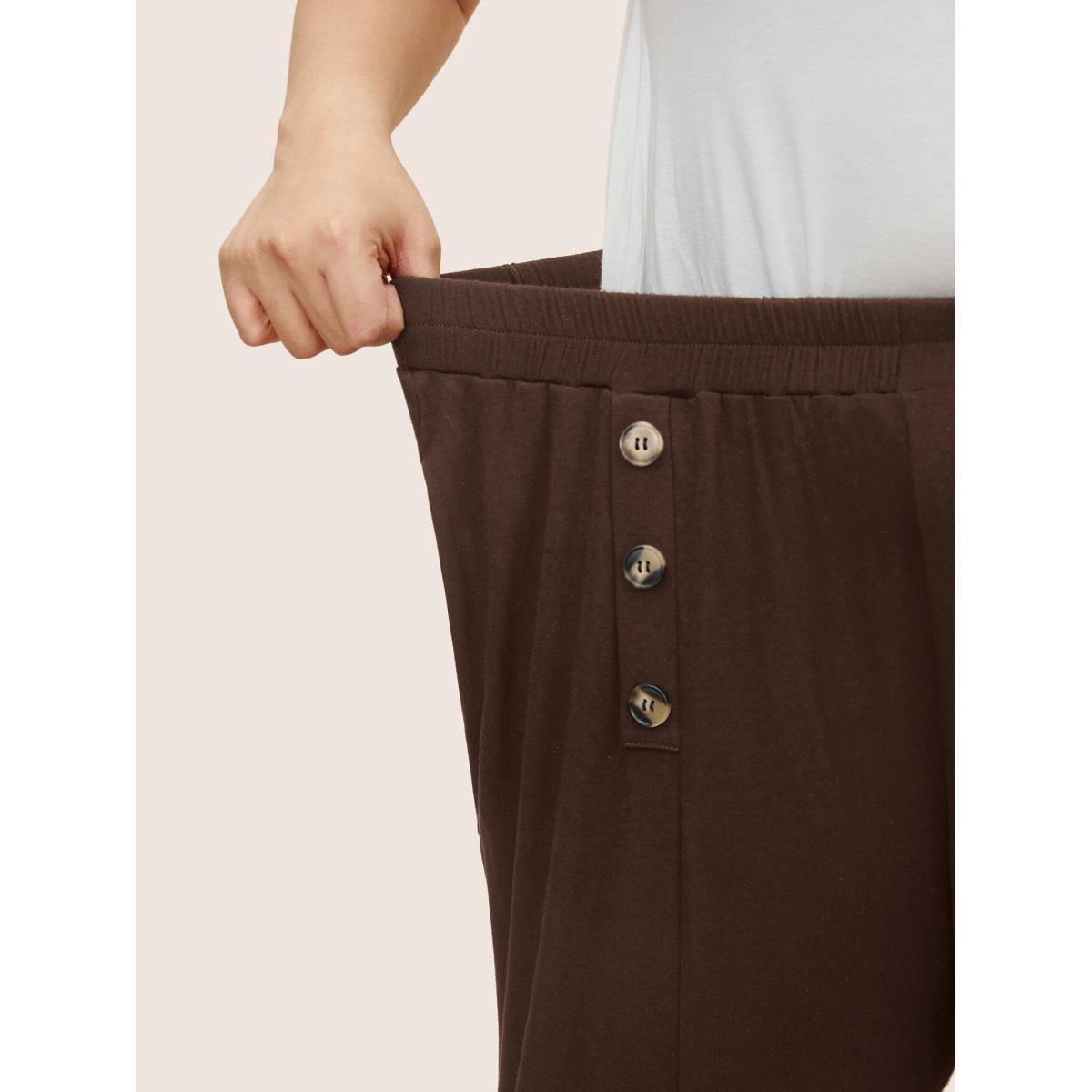 Plus Size Supersoft Essentials Button Detail Wide Leg Pants Women Browncoffeecolor Elegant Wide Leg High Rise Everyday Pants BloomChic 14-16/1X Product Image