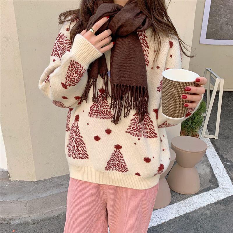 Long-Sleeve Round Neck Christmas Tree Print Sweater Product Image
