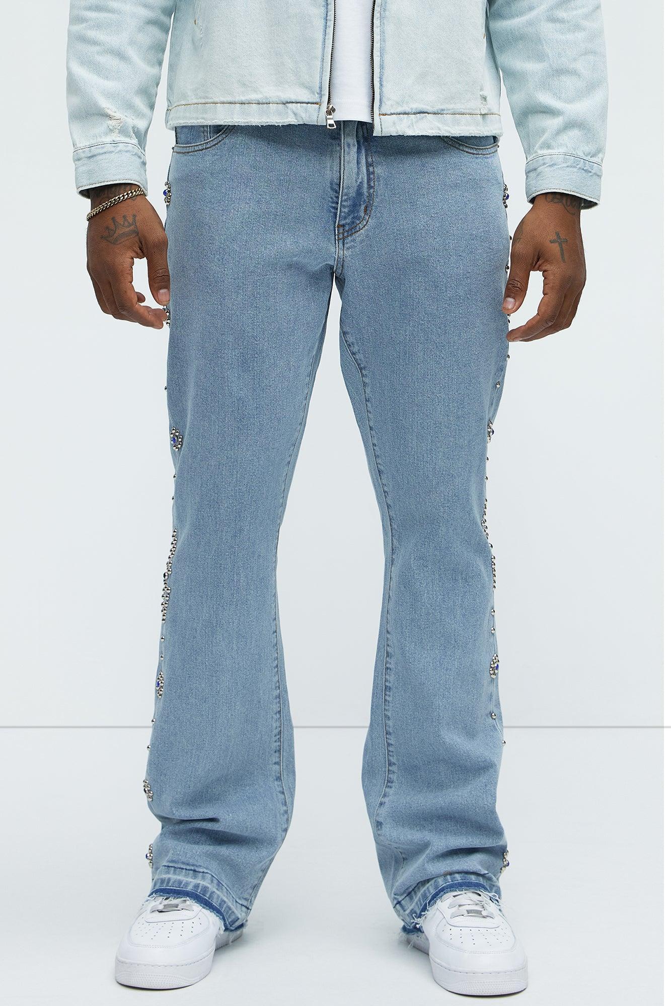 Western Studded Stacked Slim Flare Jeans - Light Wash Product Image