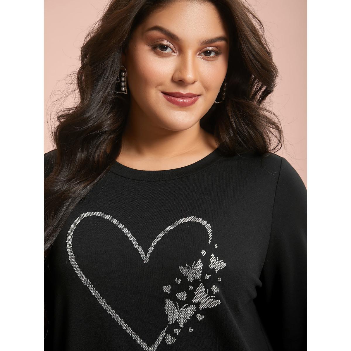 Plus Size Love Rhinestone Shiny Stretchy Fitted Sweatshirt Women Black Elegant Rhinestone detailing Round Neck Everyday Sweatshirts BloomChic 18-20/2X Product Image
