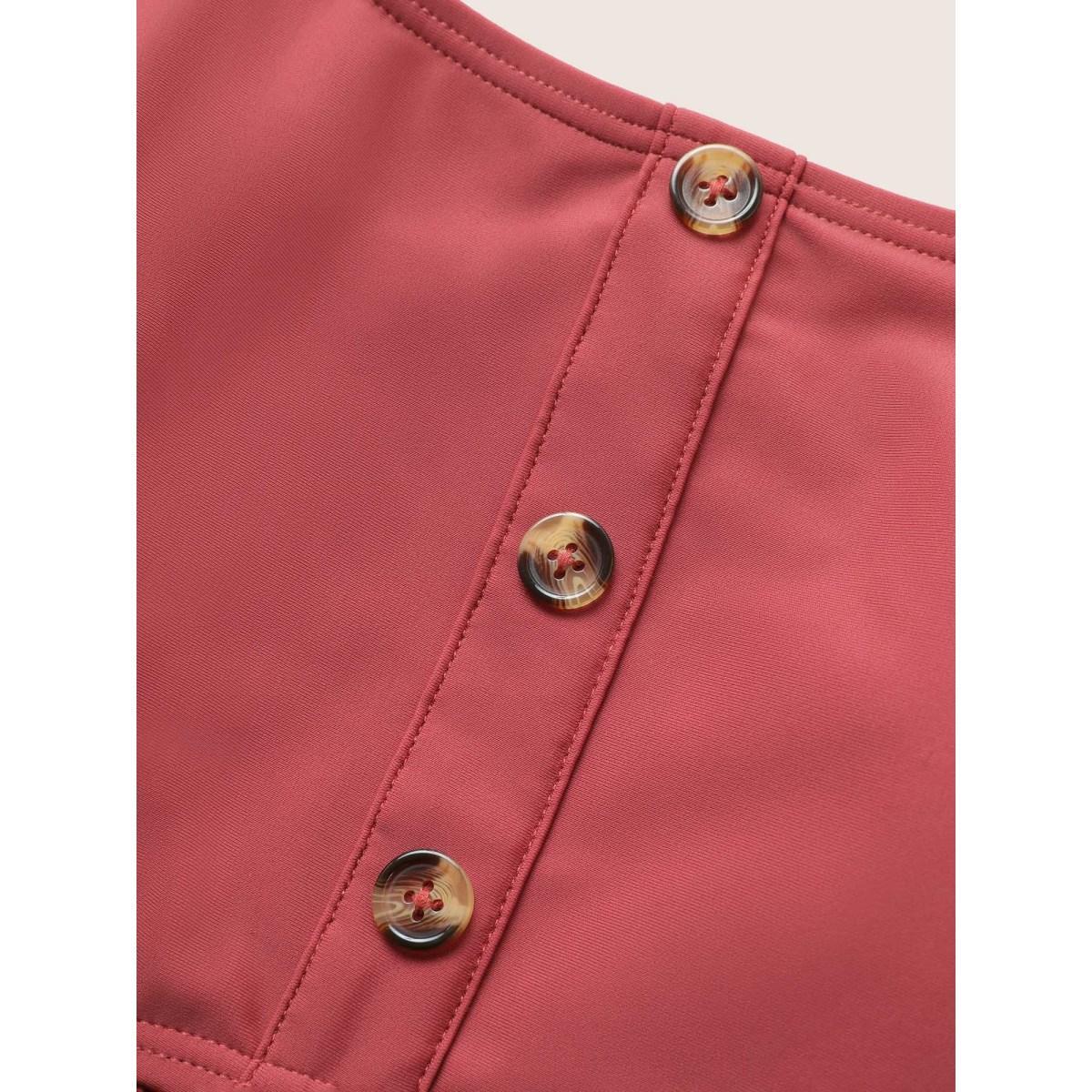 Plus Size Plain Gathered Button Detail Swim Top Women's Swimwear Rust Beach Non High stretch Bodycon U-neck Curve Swim Tops BloomChic 12/L Product Image