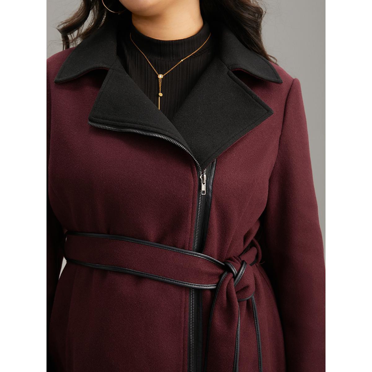 Plus Size Lapel Collar Contrast Patchwork Zipper Belted Coat Women Burgundy Casual Lined Ladies Dailywear Winter Coats BloomChic 22-24/3X Product Image