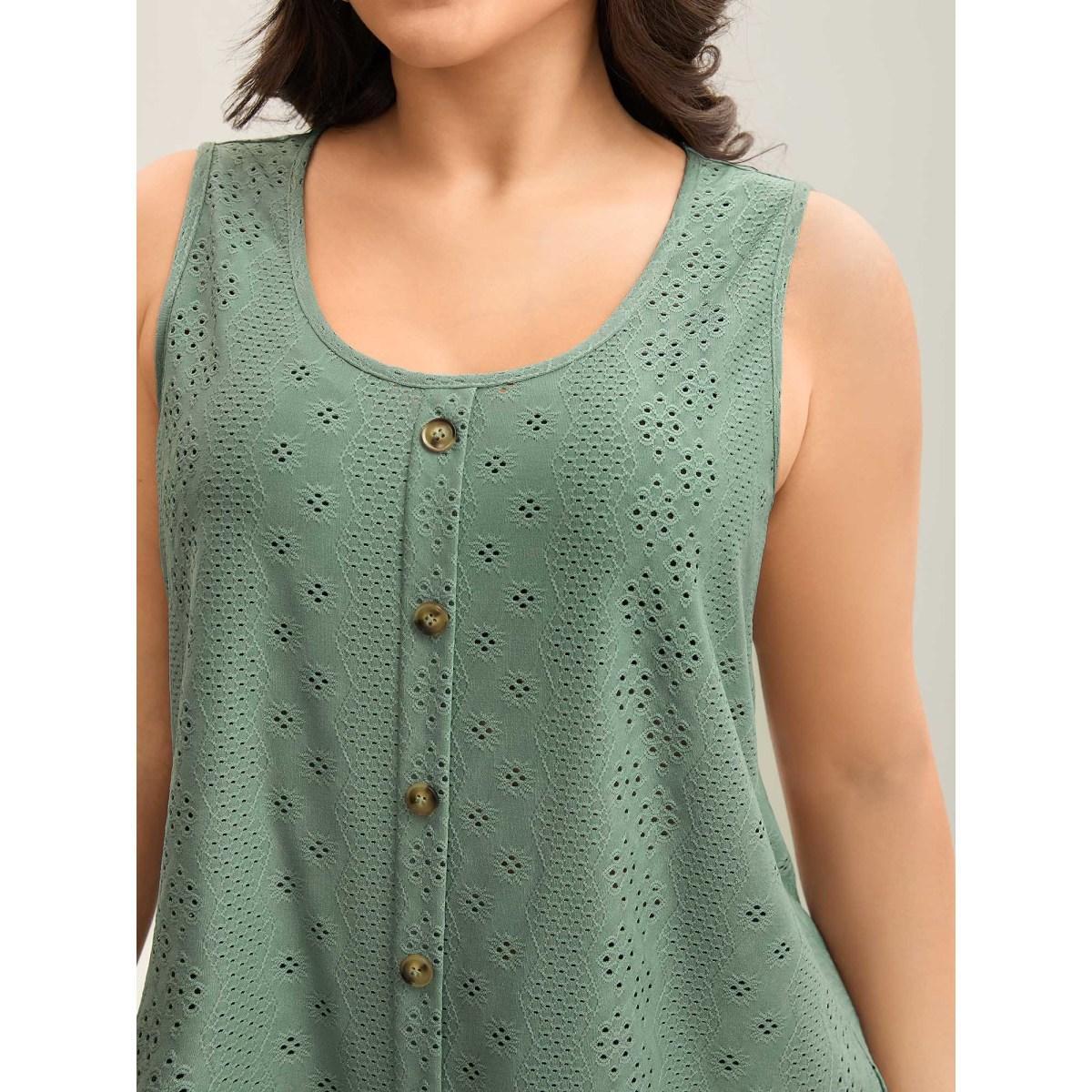 Plus Size Cut-Out Textured Button Detail Tank Top Women Greenbean Texture Round Neck Everyday-Casual Tank Tops Camis BloomChic 30/6X Product Image