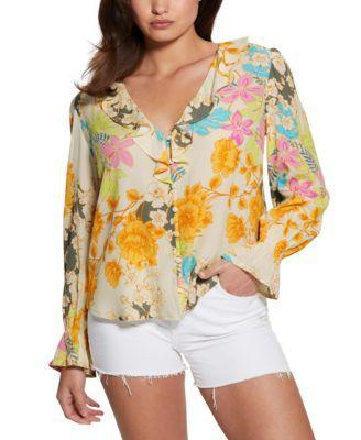 Guess Womens Toni Ruffled V-Neck Long-Sleeve Top Product Image