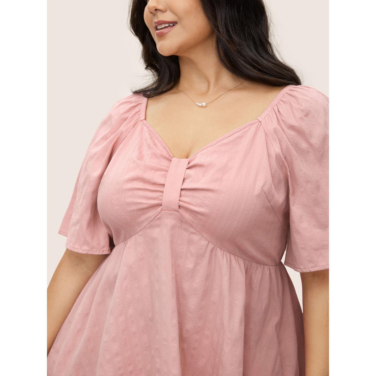 Plus Size Rouge Plain Heart Neckline Ruched Ruffle Sleeve Blouse Women Elegant Half Sleeve Heart neckline Everyday Blouses BloomChic 12/L Product Image