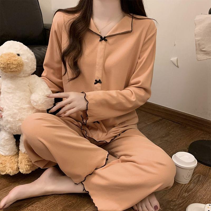 Pajama Set: Long-Sleeve Split Neck Bow Accent Contrast Trim Top + Pants Product Image