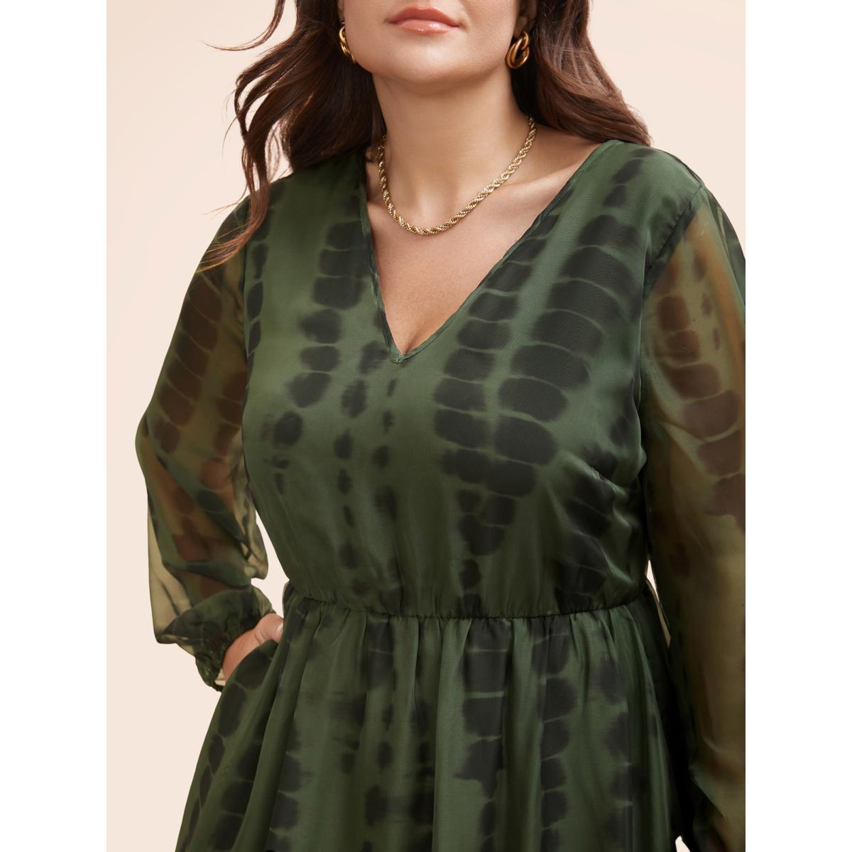Plus Size Geometric Mesh Lantern Sleeve Midi Dress ArmyGreen Women At the Office See through V-neck Long Sleeve Curvy BloomChic 10/M Product Image