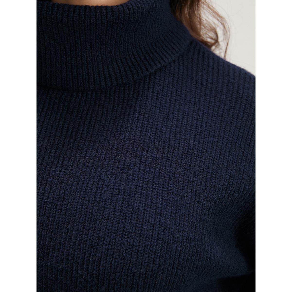 Plus Size Solid Rib Knit Lantern Sleeve Funnel Neck Sweater Midnight Women Elegant Loose Long Sleeve Turtleneck Dailywear Pullovers BloomChic 22-24/3X Product Image