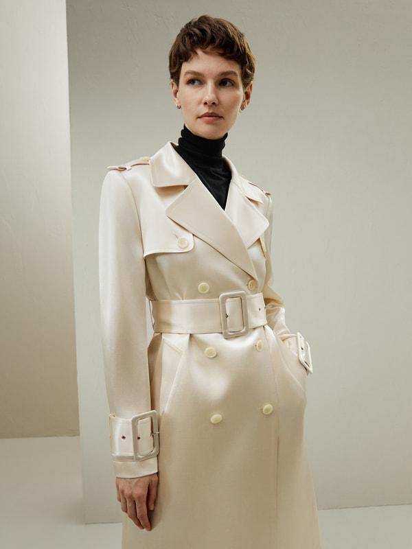 Double Breasted Silk-Blend Belted Coat Product Image