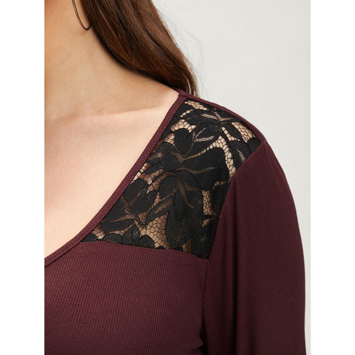 Plus Size Solid V Neck Contrast Lace Rib Knit Long Tee Scarlet Women Elegant Plain V-neck Dailywear T-shirts BloomChic 28/5X Product Image