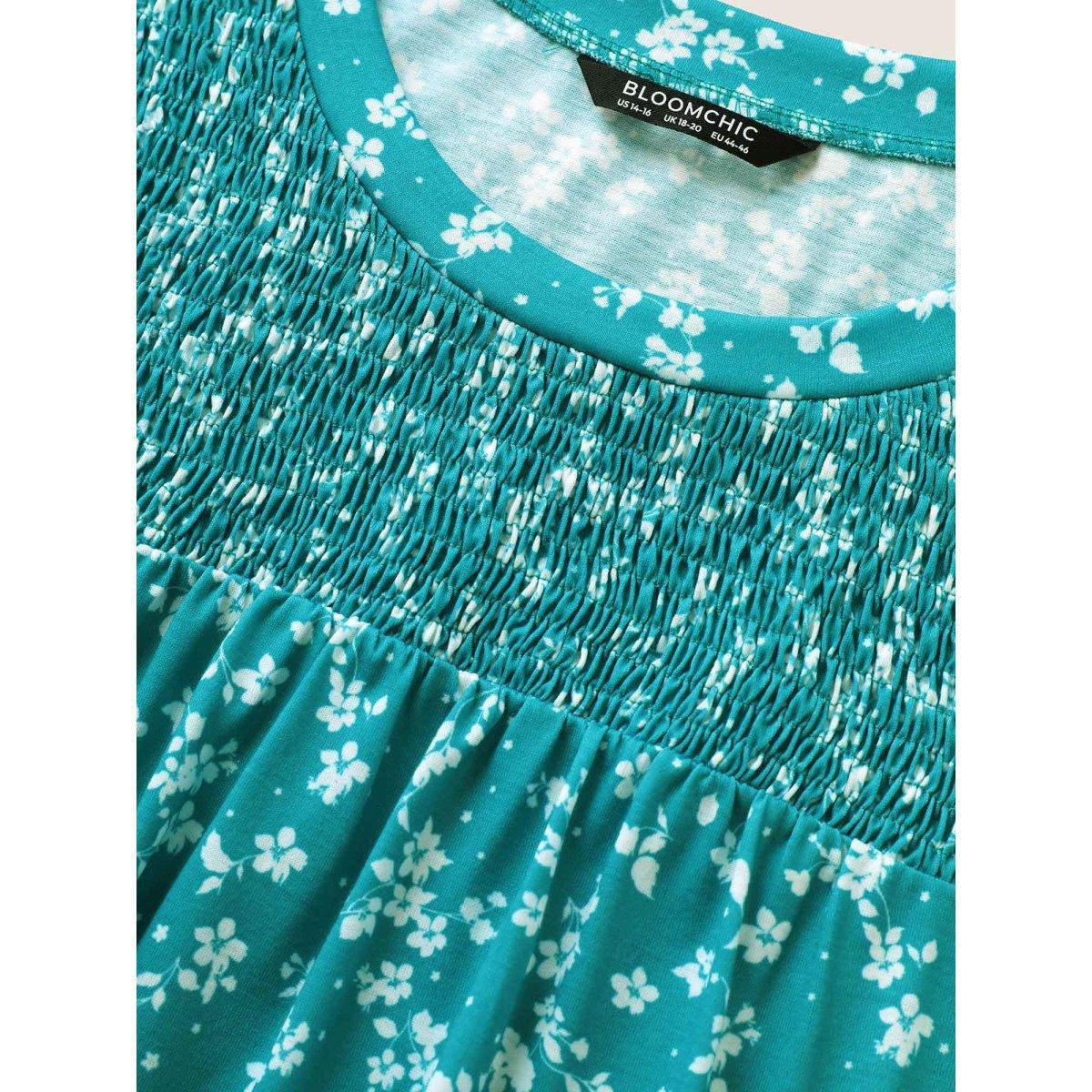 Plus Size Ditsy Floral Shirred Lantern Sleeve T-shirt Emerald Women Elegant Gathered Round Neck Everyday T-shirts BloomChic 12/L Product Image