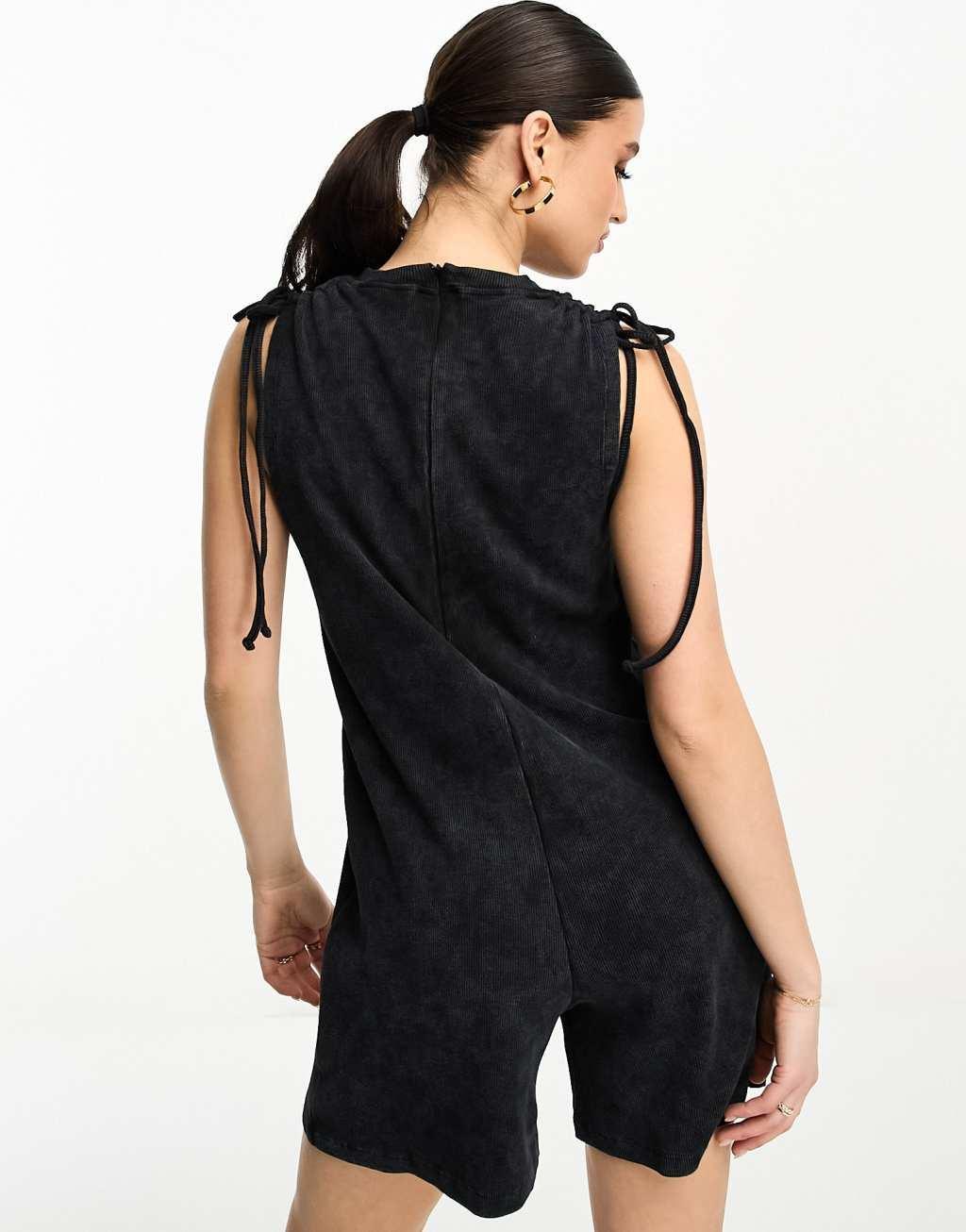 ASOS DESIGN ribbed romper with tie shoulder Product Image