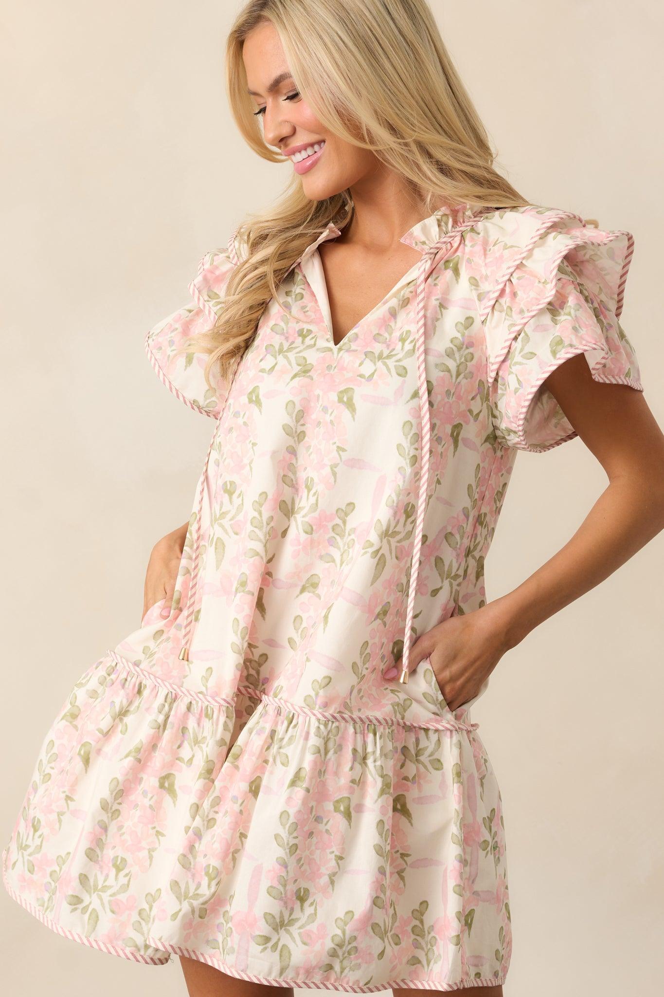 Garden Of Dreams Cotton Pink Flutter Sleeve Mini Dress Product Image