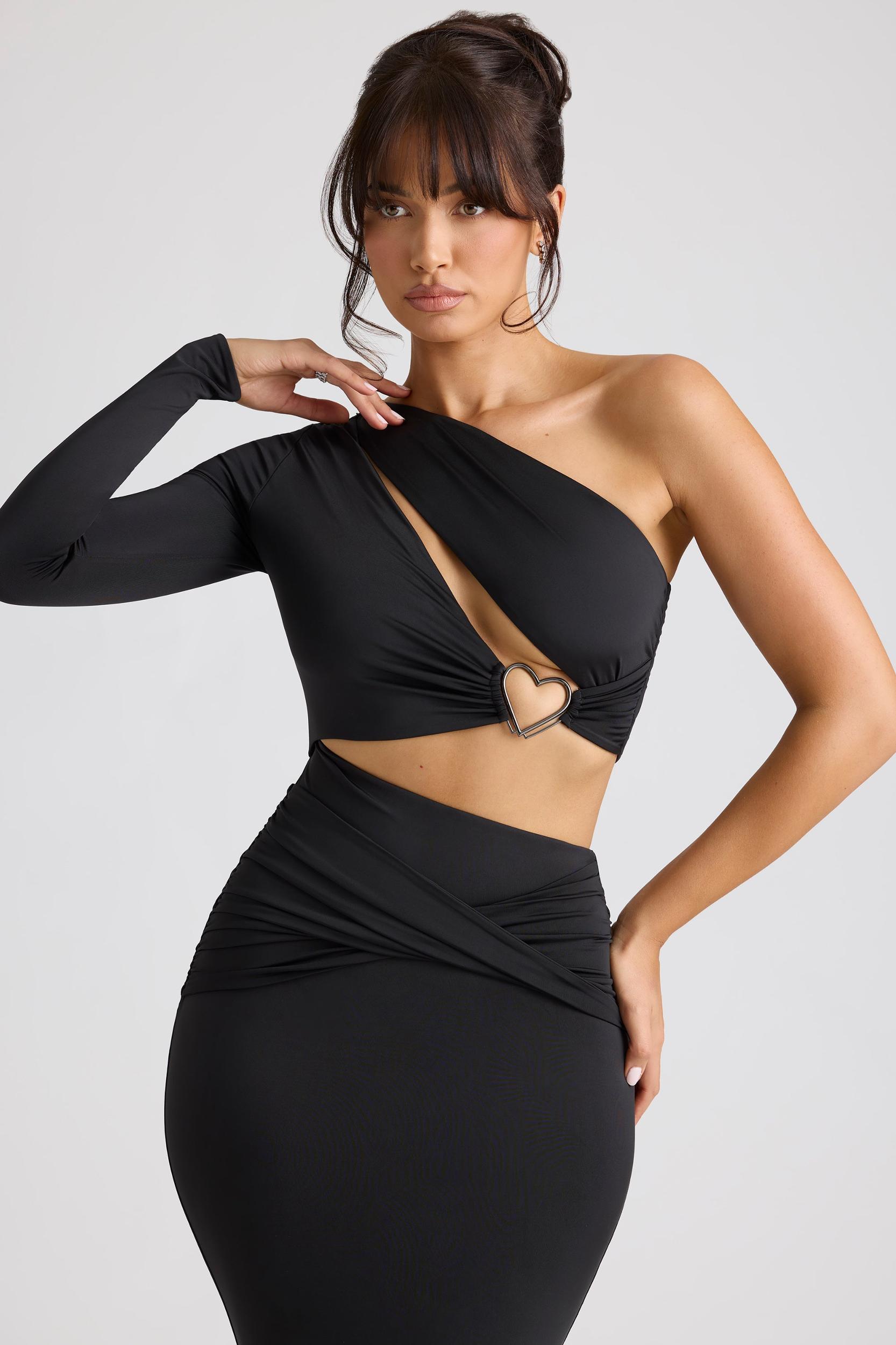 Single Sleeve Cut Out Evening Gown in Black Product Image