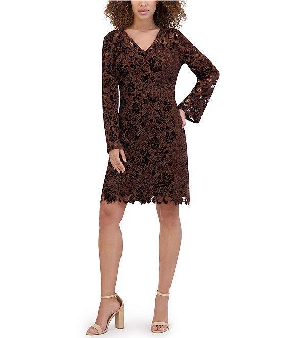 Kensie Velvet Lace V-Neck Long Bell Sleeve Mini Dress Product Image