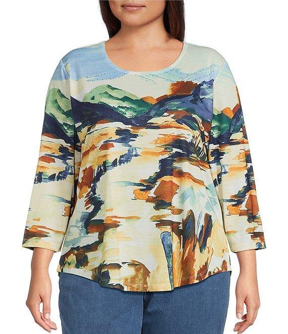 Allison Daley Plus Size Deep Forest Autumn Prairie Print Embellished 3/4 Sleeve Crew Neck Knit Top Product Image