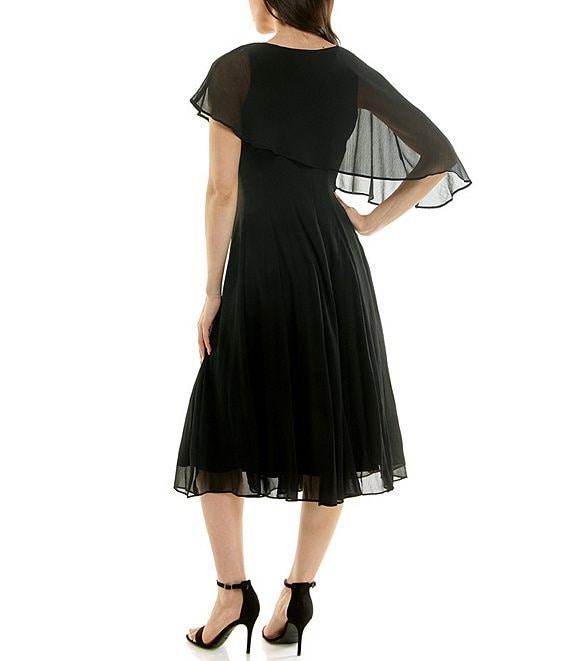 Moda Tara Crinkle Chiffon Asymmetrical Capelet Sleeve Midi Dress Product Image