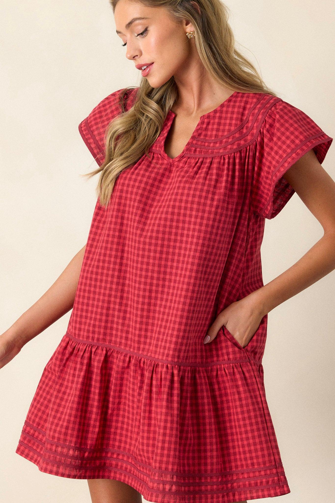 Picnic Day Cotton Red Gingham Mini Dress Product Image