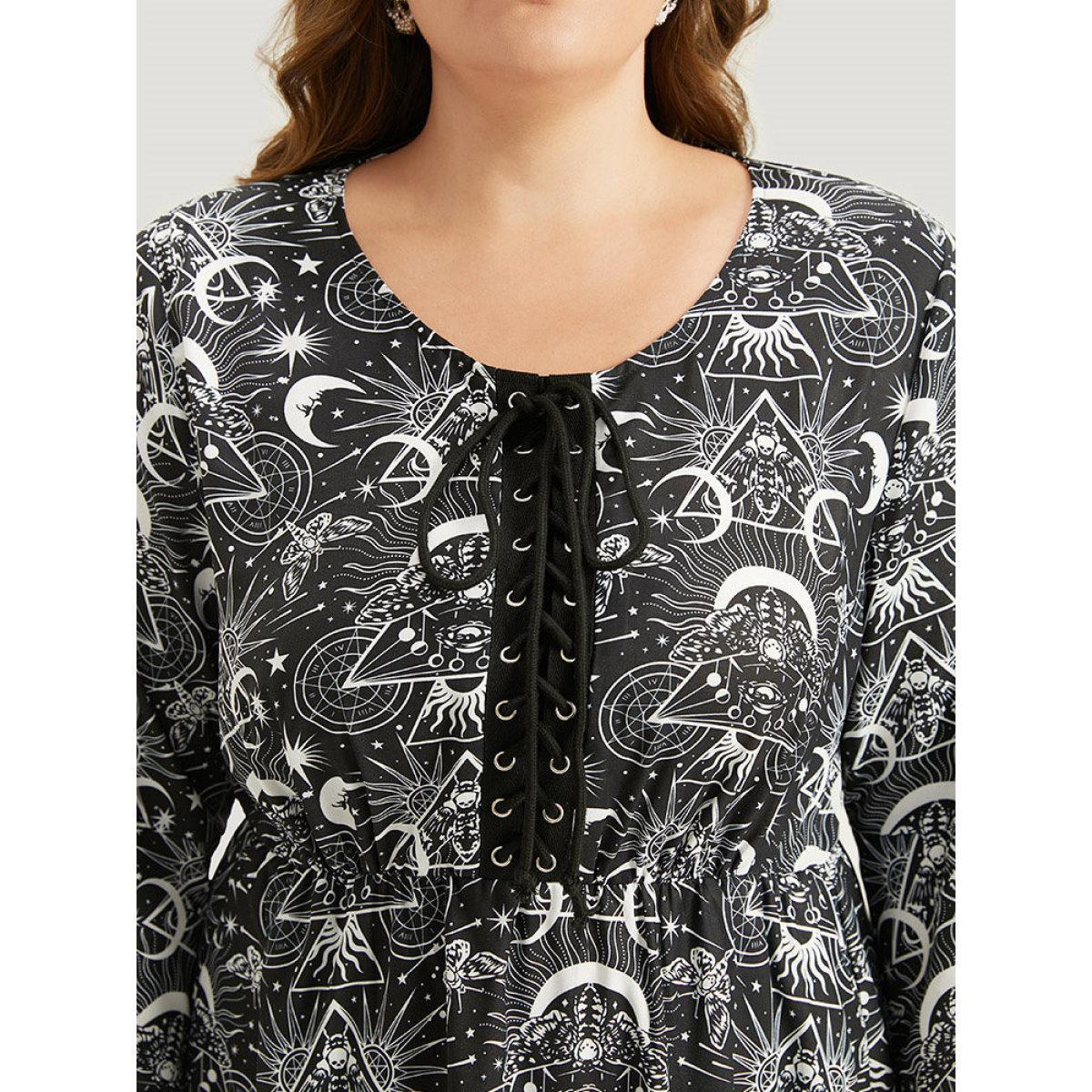 Plus Size Halloween Moon & Star Lace Up Pocket Bell Sleeve Dress Black Women Office Cross straps Round Neck Elbow-length sleeve Curvy Knee Dress BloomChic 22-24/3X Product Image