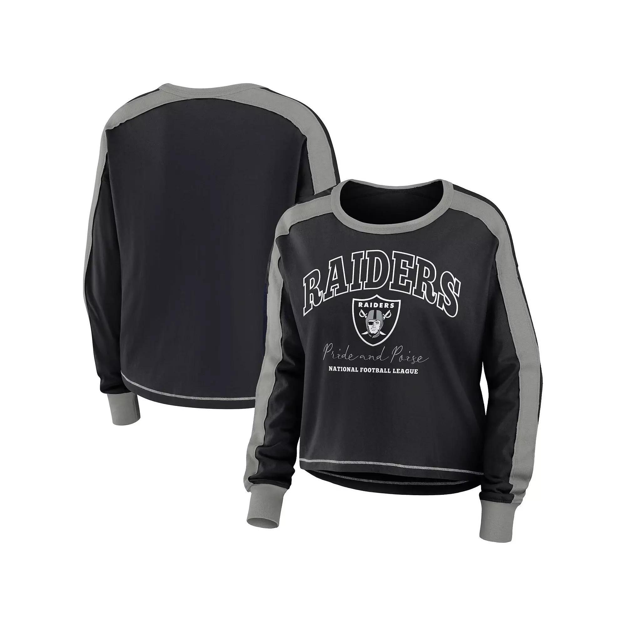 Women's WEAR by Erin Andrews Black/Silver Las Vegas Raiders Color Block Long Sleeve T-Shirt, Size: XL, Lvr Black Product Image