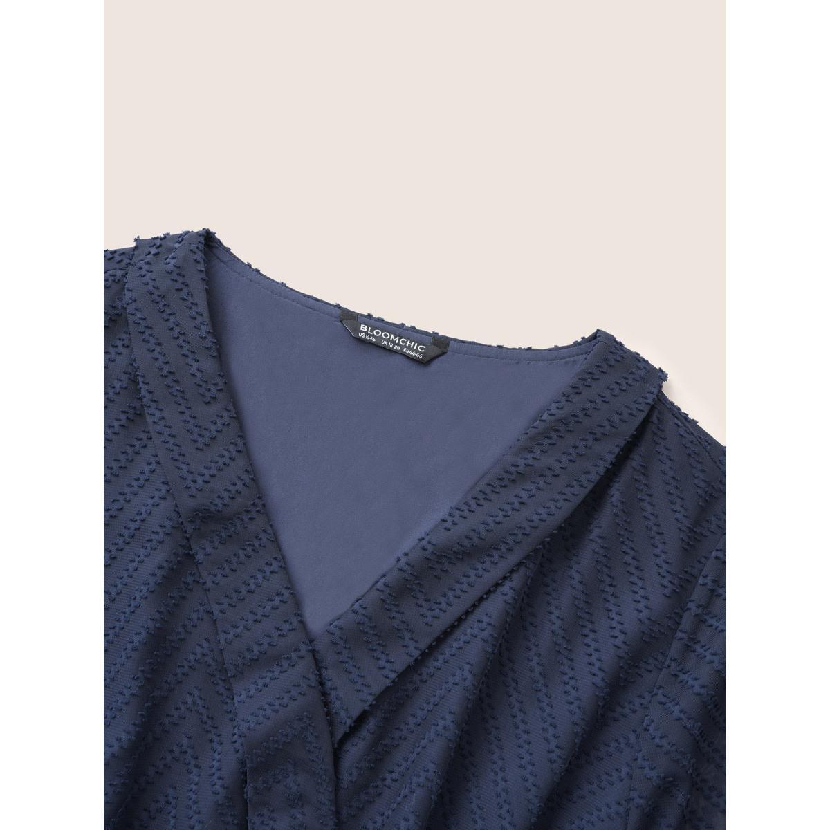 Plus Size Indigo Plain Textured High Low Hem Ties Blouse Women Office Long Sleeve Overlap Collar Work Blouses BloomChic 10/M Product Image