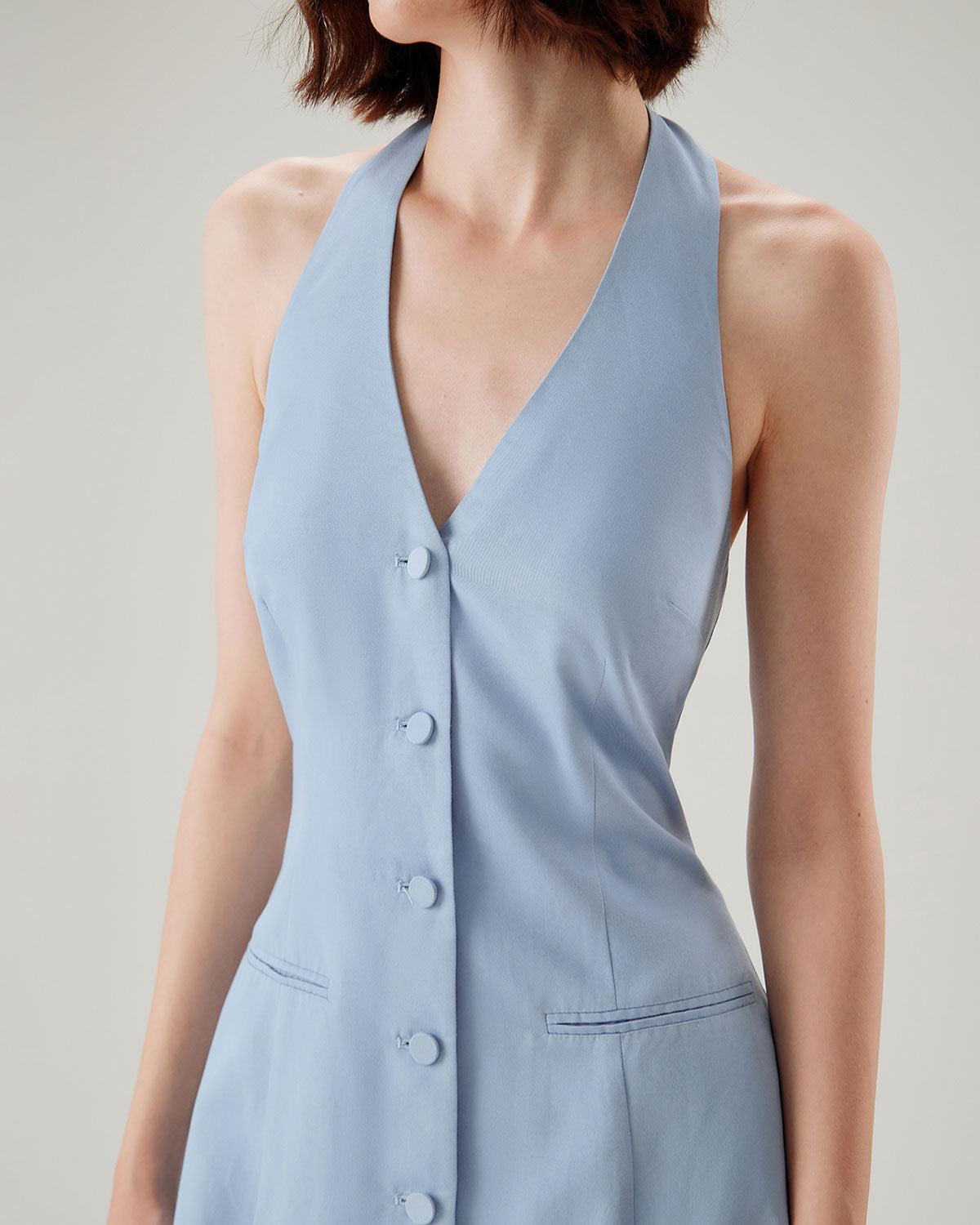 Blue Button Pocket Halter Mini Dress Product Image