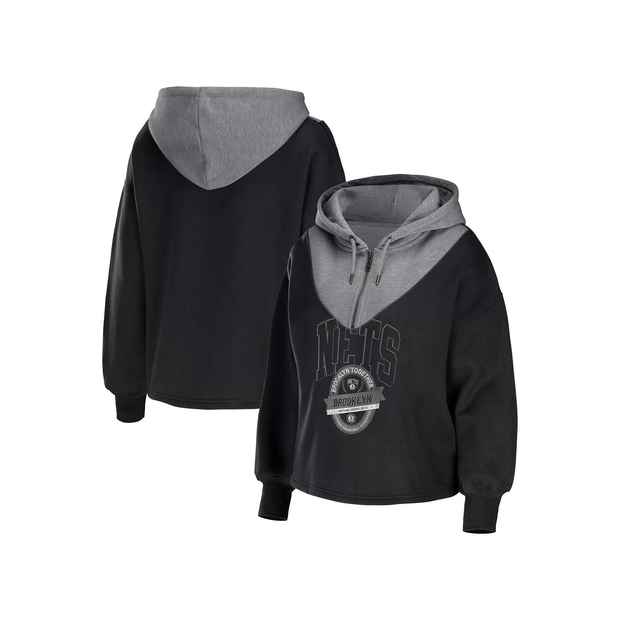 Women's WEAR by Erin Andrews Black Brooklyn Nets Pieced Quarter-Zip Hoodie Jacket, Size: Small Product Image
