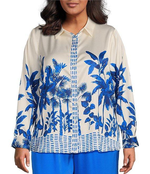 Skies Are Blue Plus Size Border Satin Long Sleeve Woven Coordinating Blouse Product Image