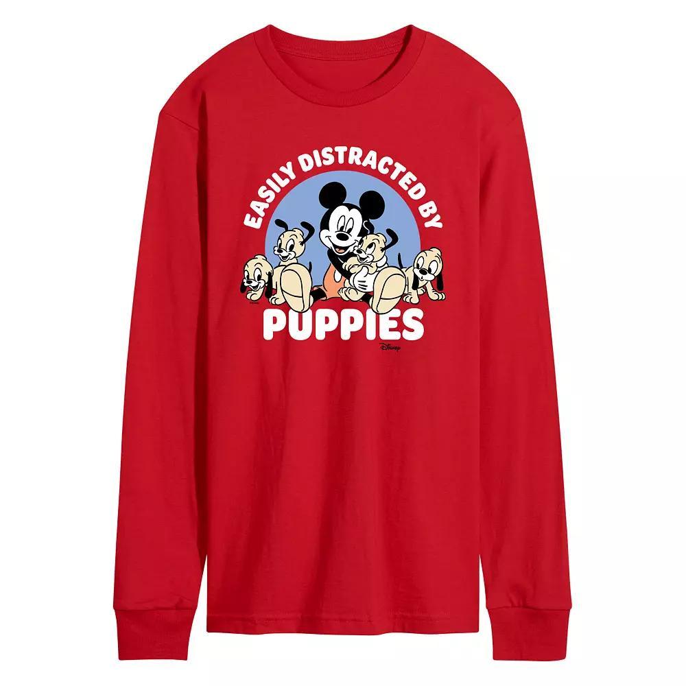 Disneys Mickey Mouse Mens Easily Distracted By Puppies Long Sleeve Graphic Tee Product Image