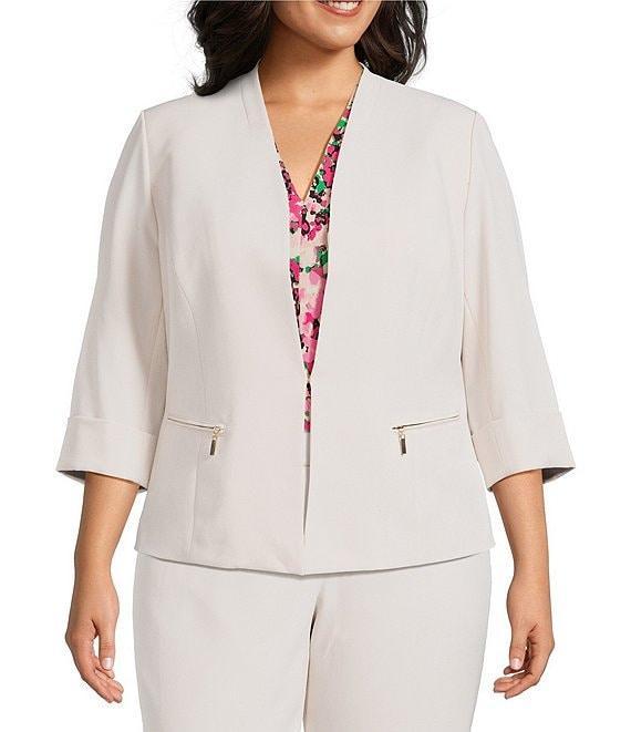 Kasper Plus Size Crepe 3/4 Sleeve Zip Pocket Cardigan Product Image