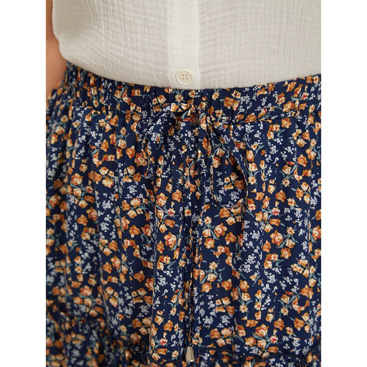 Plus Size Ditsy Floral Ruffle Hem Pocket Frill Trim Skirt Women Indigo Elegant Printed No stretch Dailywear Skirts BloomChic 14-16/1X Product Image