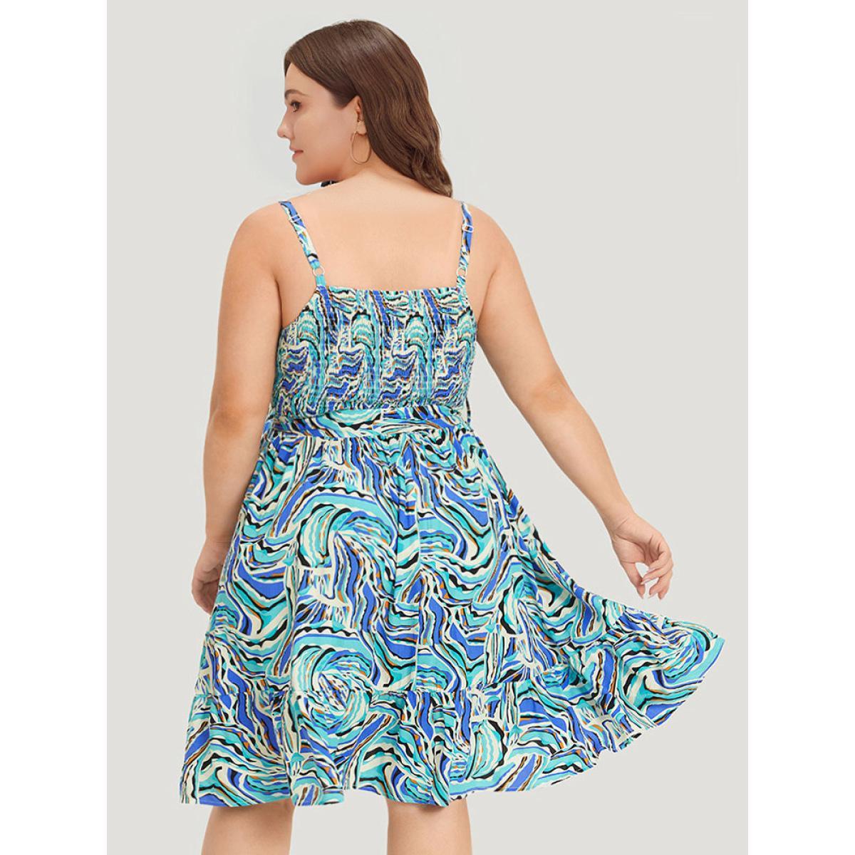 Plus Size Water Ripple Print Shirred Pocket Belted Cami Dress Arctic Women Elegant Pocket Spaghetti Strap Sleeveless Curvy Knee Dress BloomChic 22-24/3X Product Image