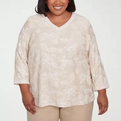 Alfred Dunner Catalina Island Womens V Neck 3/4 Sleeve Embroidered Blouse Product Image
