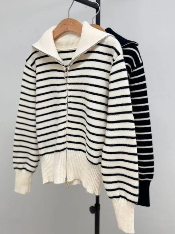 Long Sleeve Stand Collar Striped Zip-Up Cardigan Product Image
