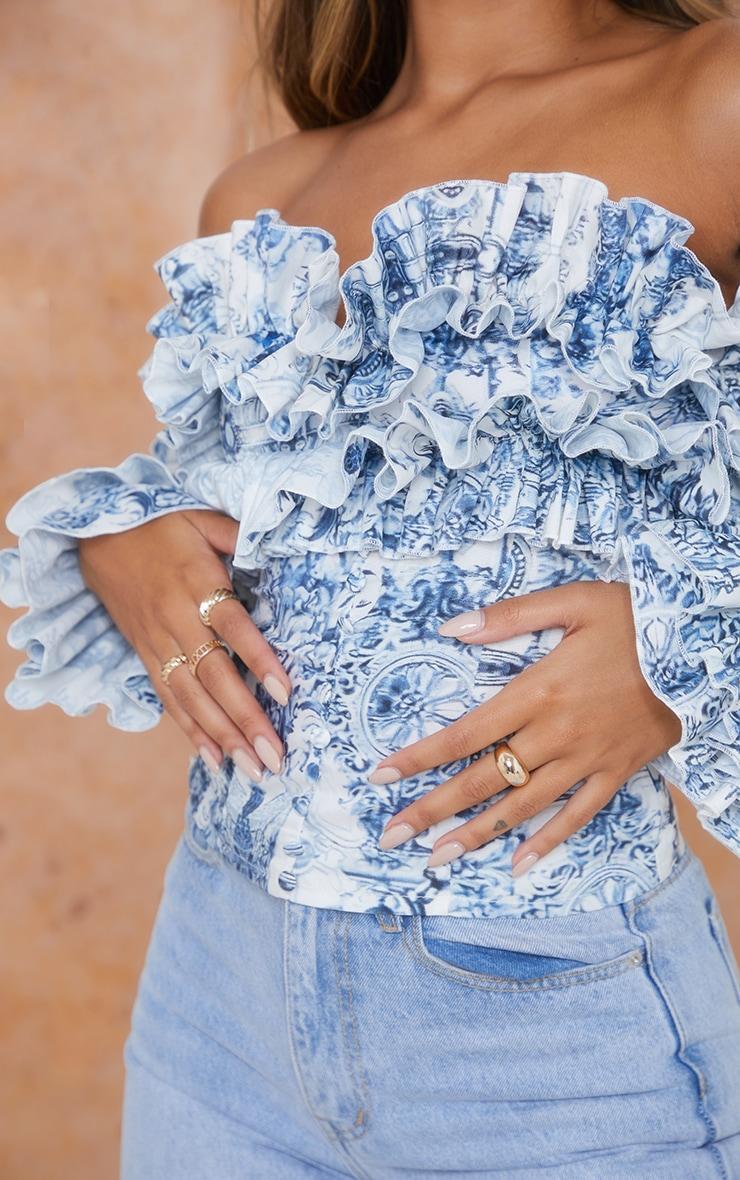 Blue  Porcelain Print Ruffle Hem Off Shoulder Long Sleeve Blouse Product Image