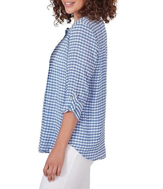 Ruby Rd. Silky Gauze Gingham Print Scoop Neck 3/4 Roll-Tab Sleeve Top Product Image