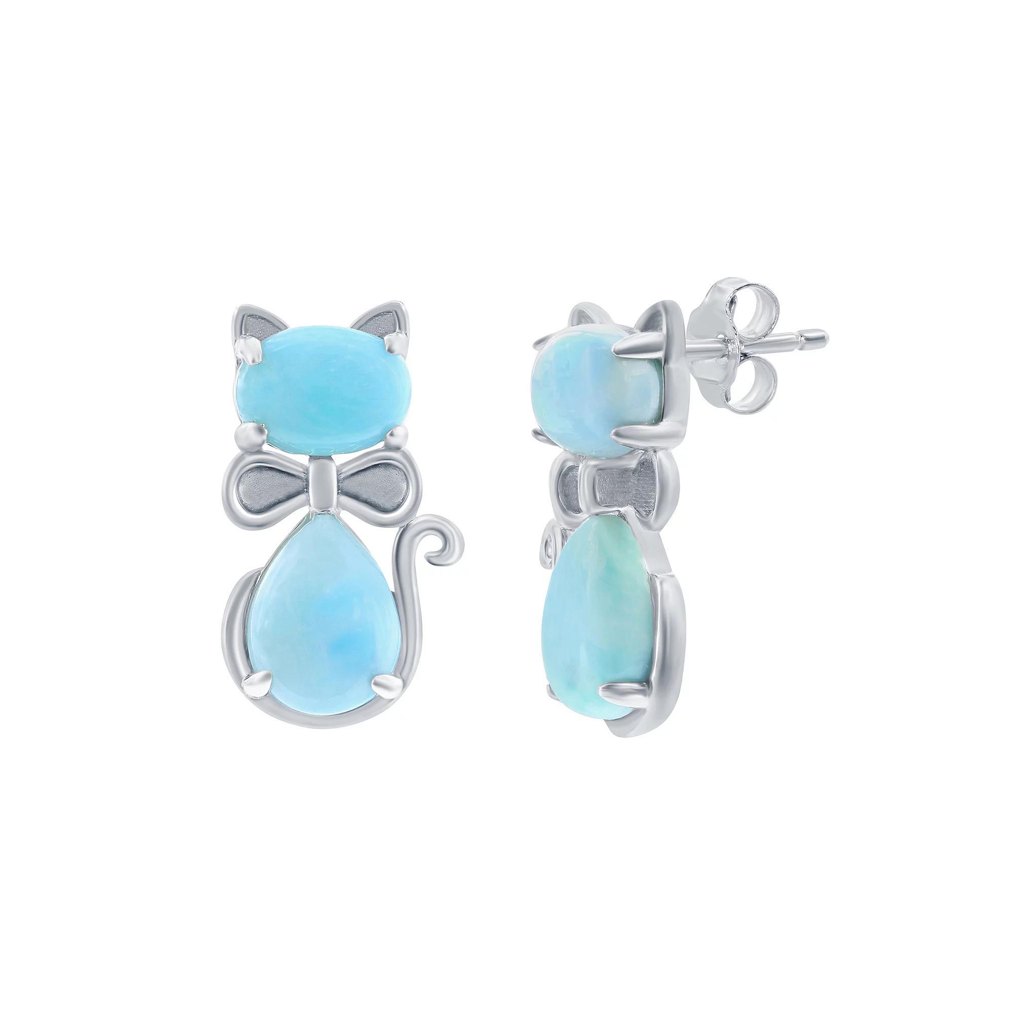 Sterling Silver Genuine Larimar Cat Stud Earrings, Womens Product Image