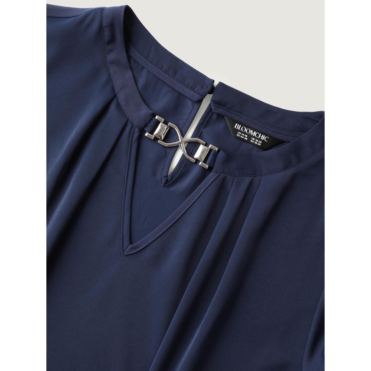 Plus Size DarkBlue Metal Clasp Neckline Lotus Leaf Sleeve Blouse Women Short sleeve Non Work Blouses BloomChic 28/5X Product Image