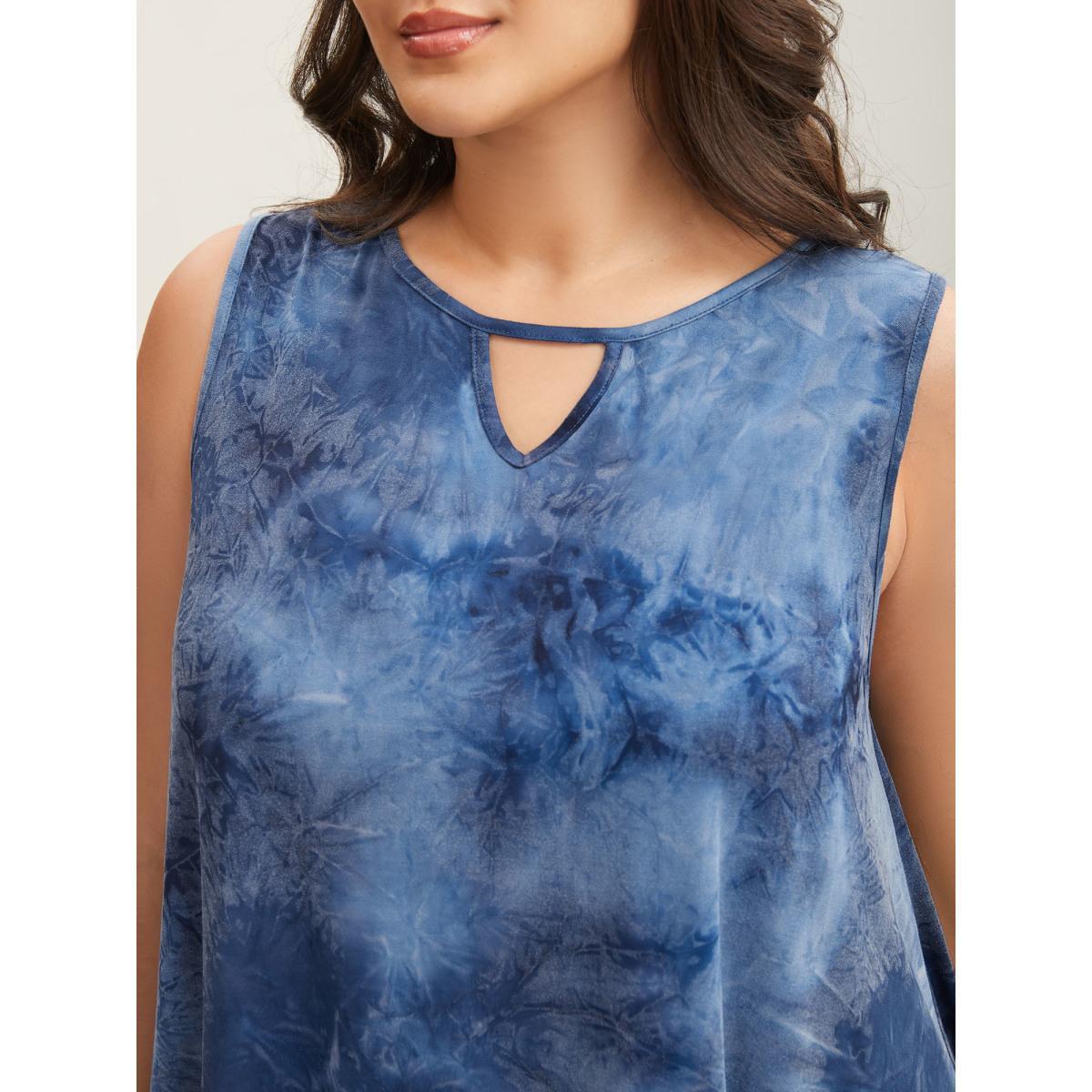 Plus Size Tie-Dye Keyhole Long Tank Top Women Mediumblue Casual Cut-Out Notched collar Everyday-Casual Tank Tops Camis BloomChic 22-24/3X Product Image