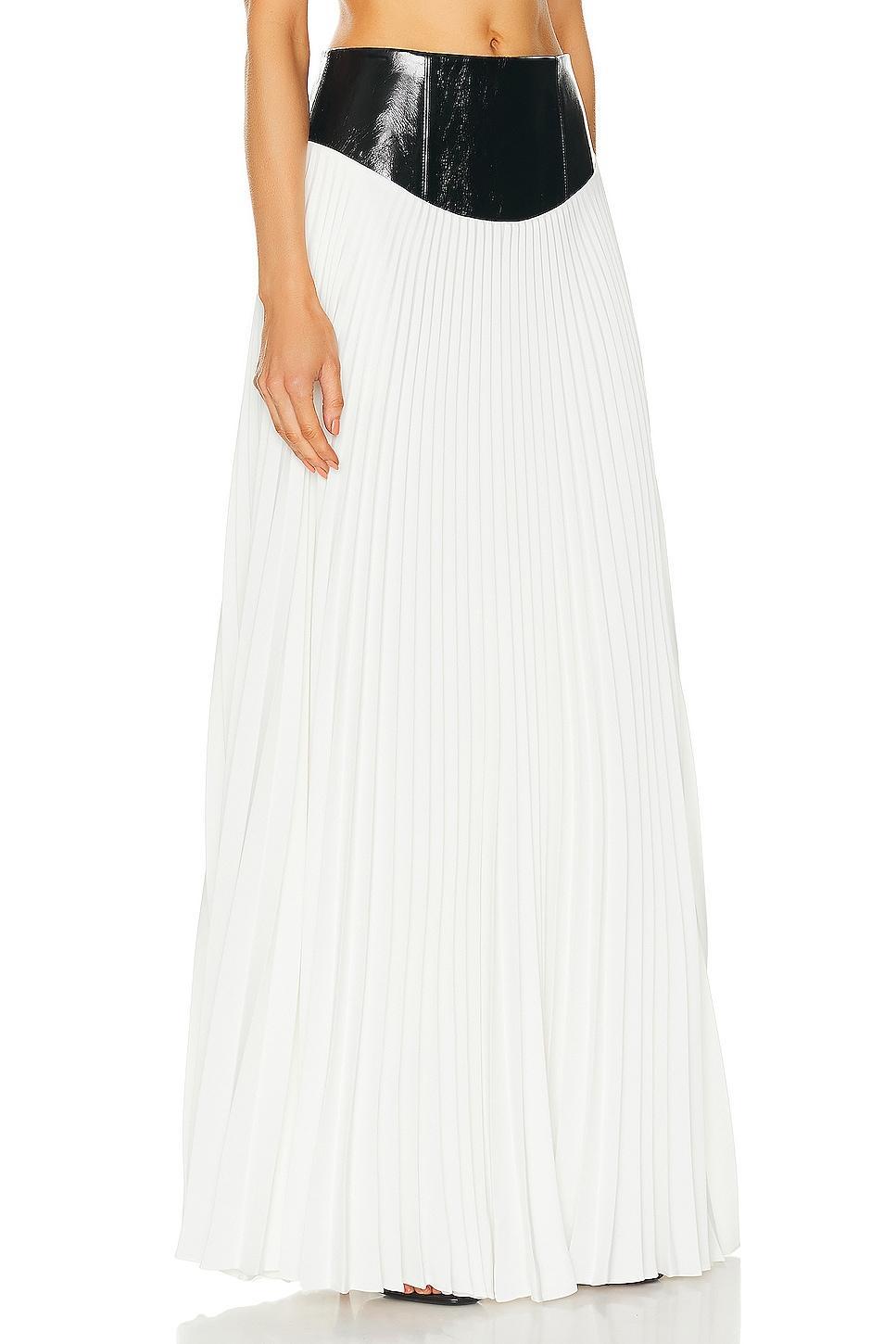 Brandon Maxwell Pleated Leather Yoke Skirt in White Product Image