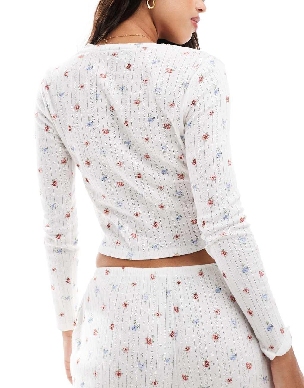 Kaiia mix and match cropped button through pointelle pajama top in cream ditsy Product Image
