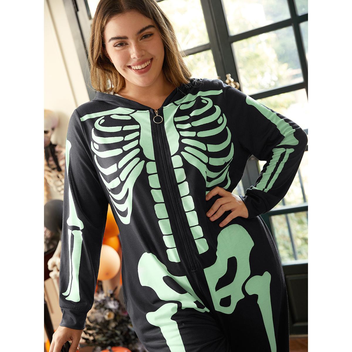 Plus Size Halloween Skull Print Hooded Zipper Sleep Jumpsuit Women Black Casual Graphic-Halloween Printed Hooded Pocket Loungewear BloomChic 28/5X Product Image