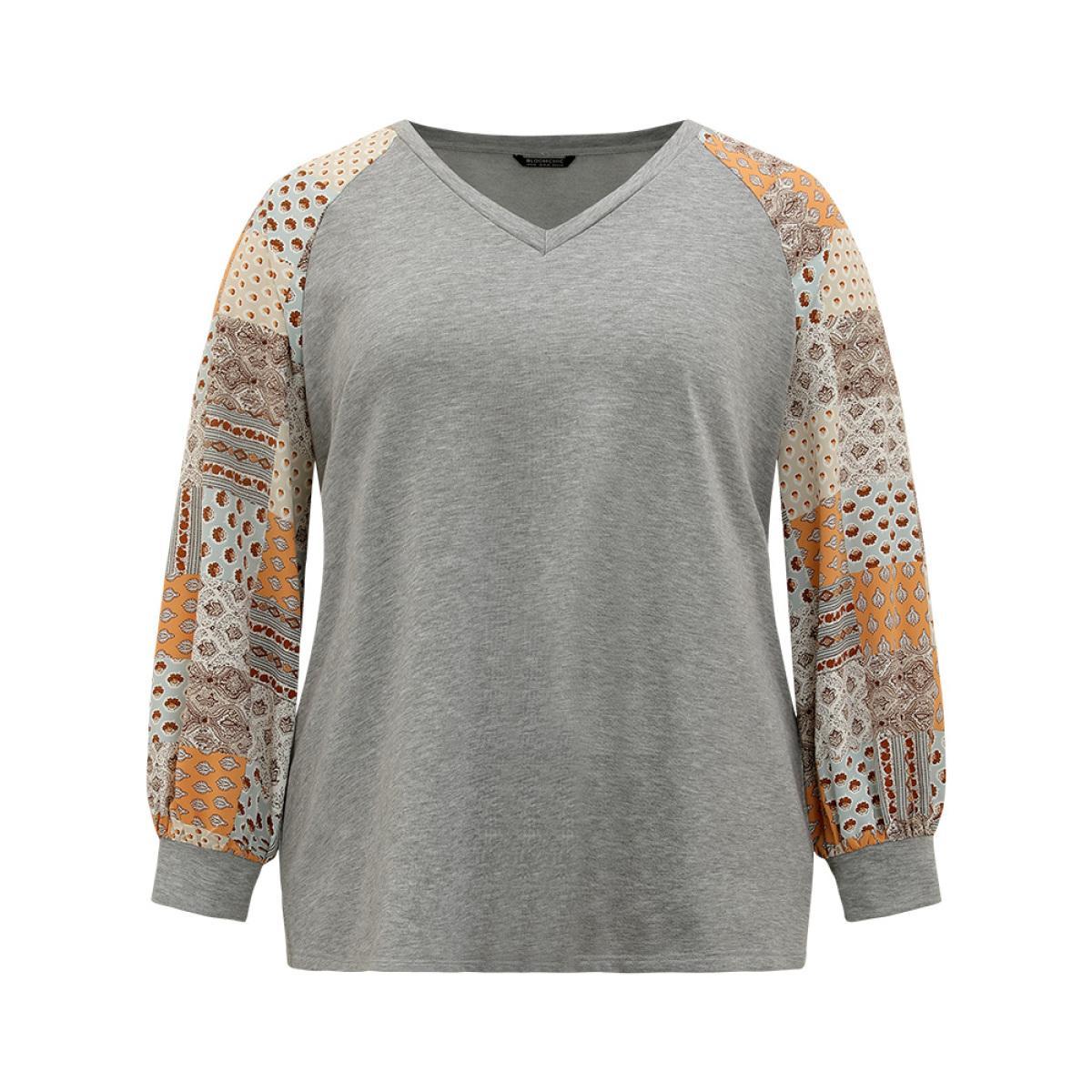Plus Size Halloween Bandana Print Patchwork Contrast Sweatshirt Women Gray Casual Elastic cuffs V-neck Festival-Halloween Sweatshirts BloomChic 28/5X Product Image