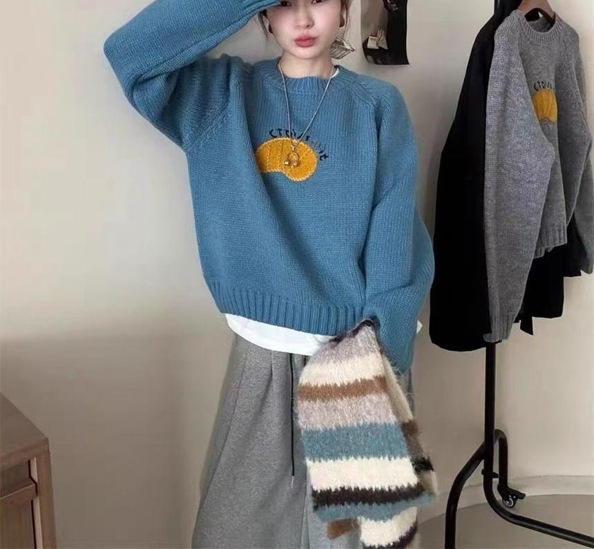 Crew Neck Embroidered Crop Sweater Product Image