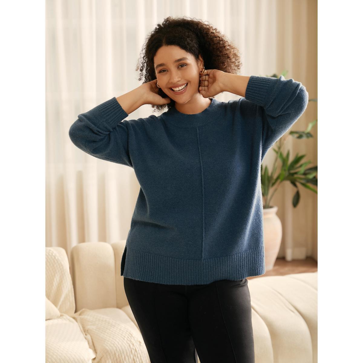 Plus Size Supersoft Essentials Split Wool Pullover Indigo Women Casual Loose Long Sleeve Round Neck Everyday Pullovers BloomChic 28/5X Product Image