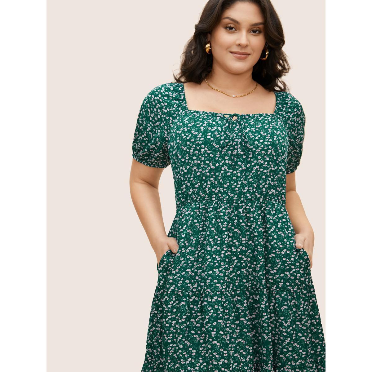 Plus Size Ditsy Floral Tie Knot Gathered Dress Teal Women Elegant Tie knot Square Neck Short sleeve Curvy BloomChic 14-16/1X Product Image