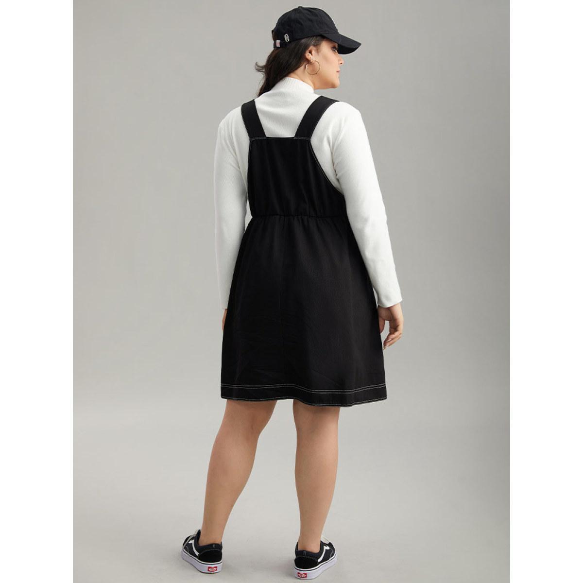 Plus Size Twill O Ring Zipper Pocket Spaghetti Strap Dress Black Women Casual Plain Spaghetti Strap Sleeveless Curvy Midi Dress BloomChic 28/5X Product Image