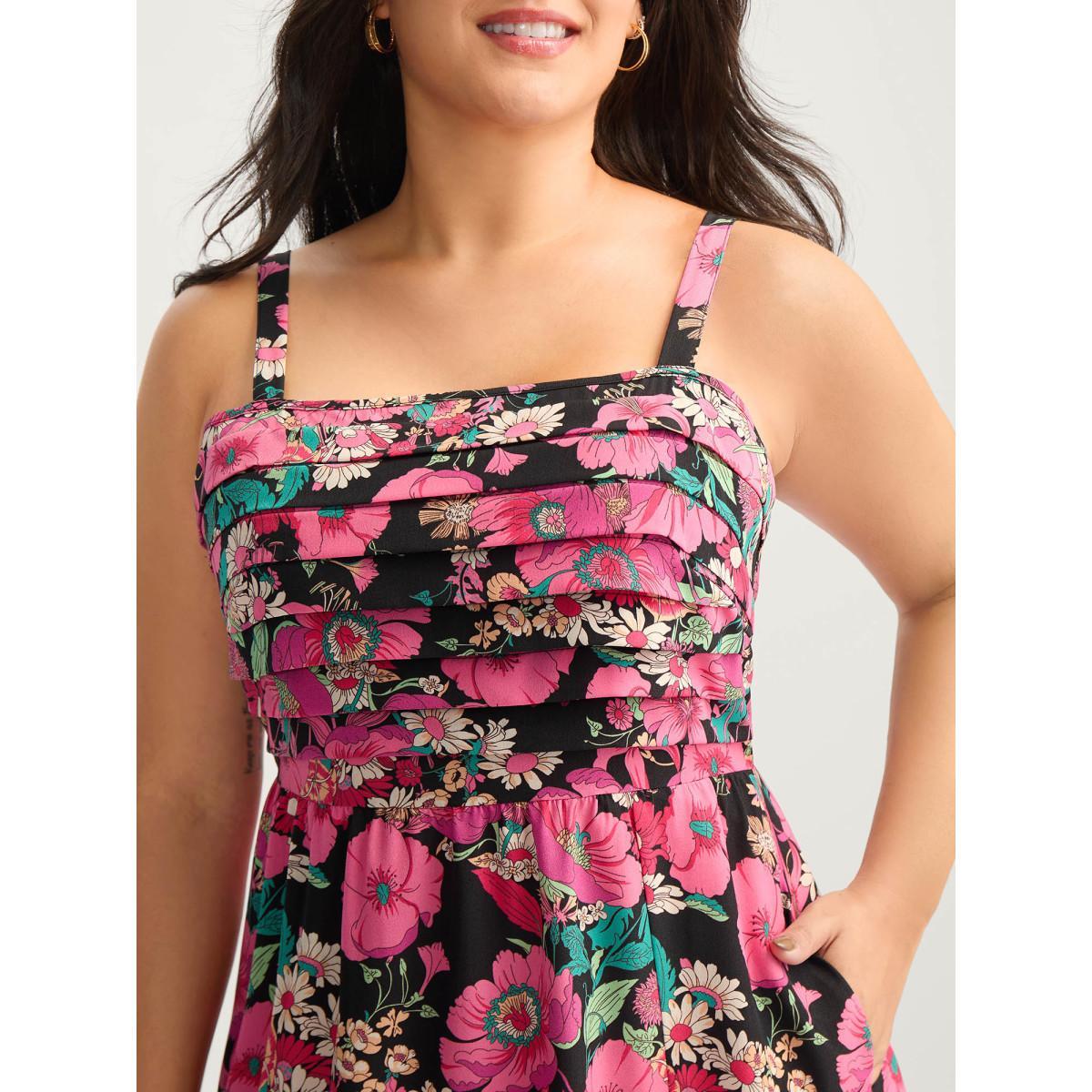Plus Size Pleated Side Pockets Floral Midi Dress Black Women Tucked seam Non Sleeveless Curvy BloomChic 26/4X Product Image