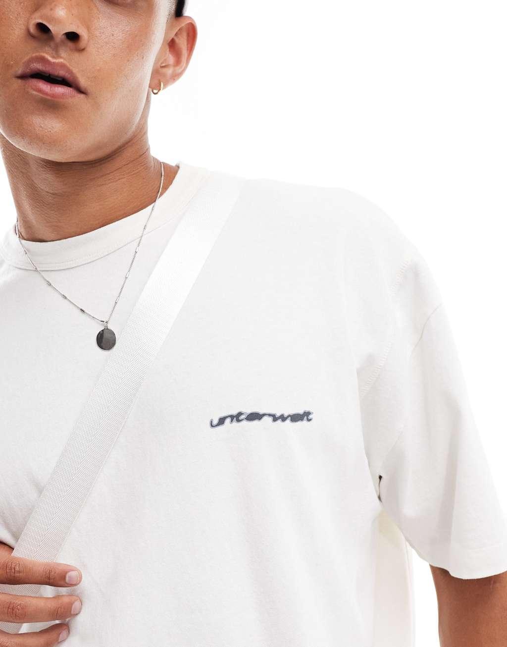 ASOS DESIGN boxy oversized T-shirt in heavyweight 220gsm washed gray with paneling and chest print Product Image