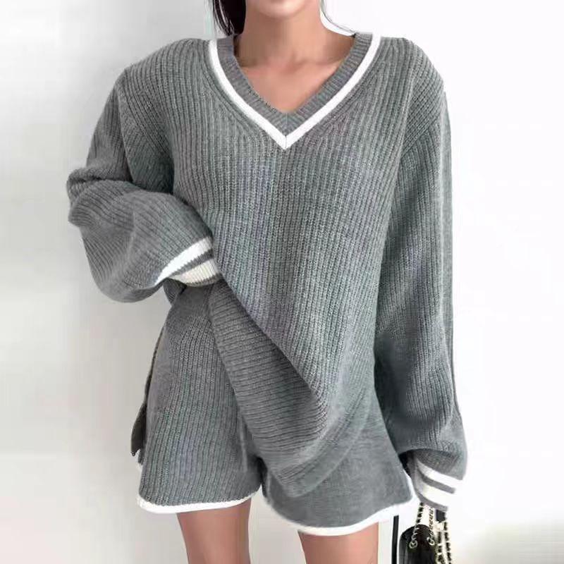 Set: Long-Sleeve V-Neck Contrast Trim Sweater + High Waist Shorts Product Image